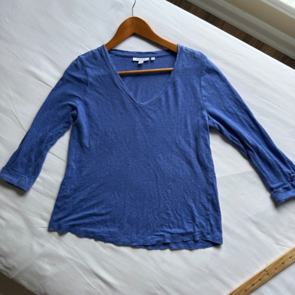 Chicos Blue 100% Linen V-Neck 3/4 Sleeve Size 1 Medium Coastal Quiet Luxury